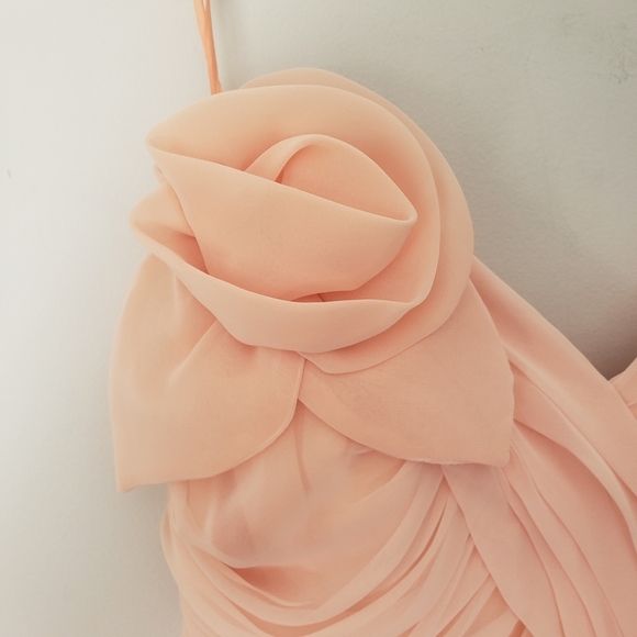 Vintage 80s Pink Pleated Ruched Formal High Low Midi Dress with Rose Detail - Picture 12 of 16